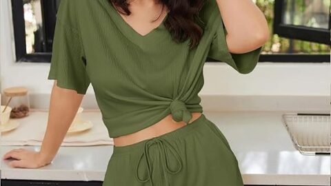 Women Short Sleeve 2 Piece Lounge Set with Pockets